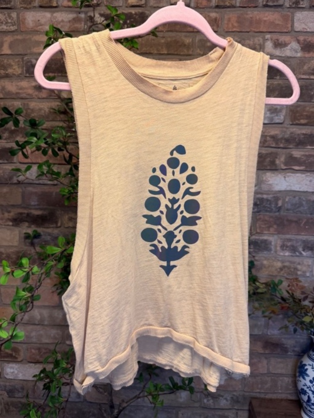 Free People Cream Muscle Tank with Blue Floral Medallion Graphic
